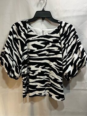 DKNY Linen Blend Black and White Zebra Puff-Sleeve Blouse Size L